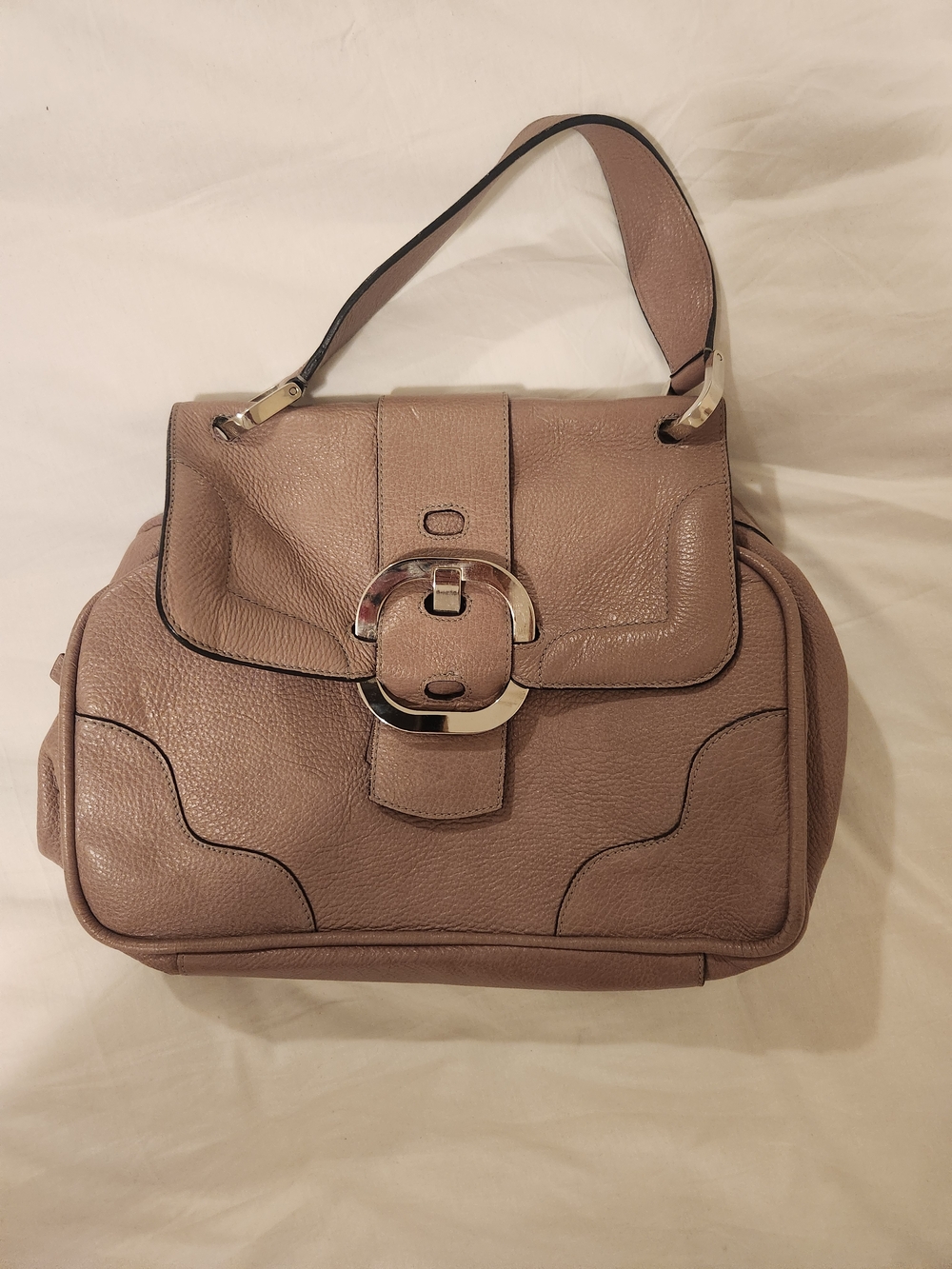 Mauve Leather Top-Handle Satchel Bag With Silver Tone Buckle